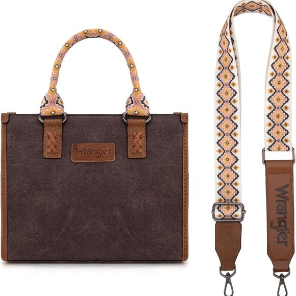 Wrangler Women's Retro Aztec Print Tote Bag - Vegan Leather & Whipstitch Design - Picture 1 of 8